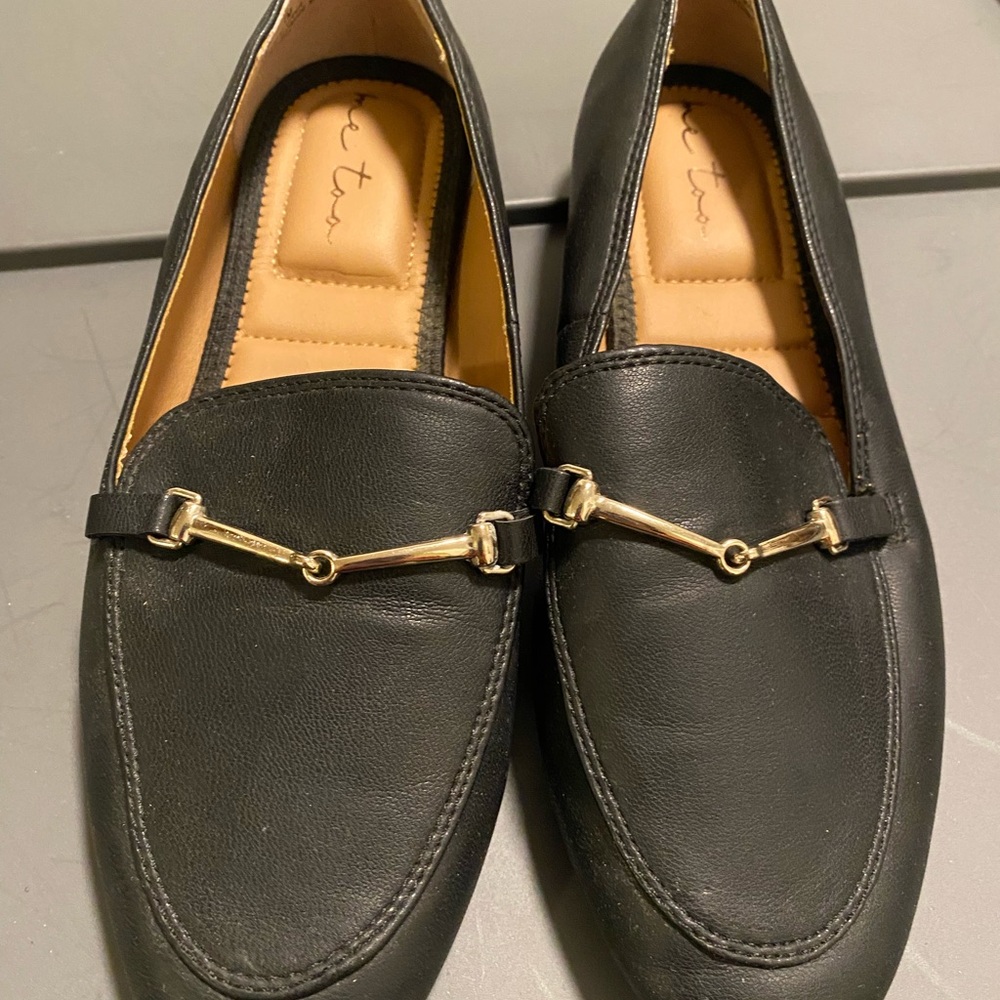 Me Too  Black Leather Loafers with Gold Accent